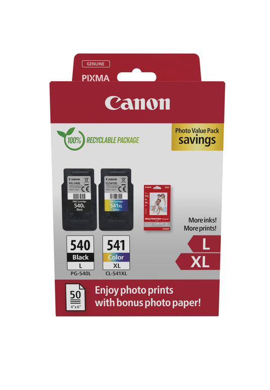 PG-540L/CL541XL PVP - 4x6 Phot Paper (GP-501 50sheets) + L Black & XL Colour Cartridges