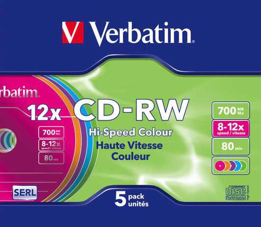 CD-RW Verbatim | 700MB 80Min | 8x-12x | Pack 5 Slim Coloridas