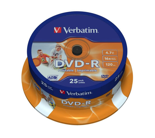 VERBATIM DVD-R 16X 4.7GB 120MIN INKJET PRINT BOBINE (CAKE) PACK 25