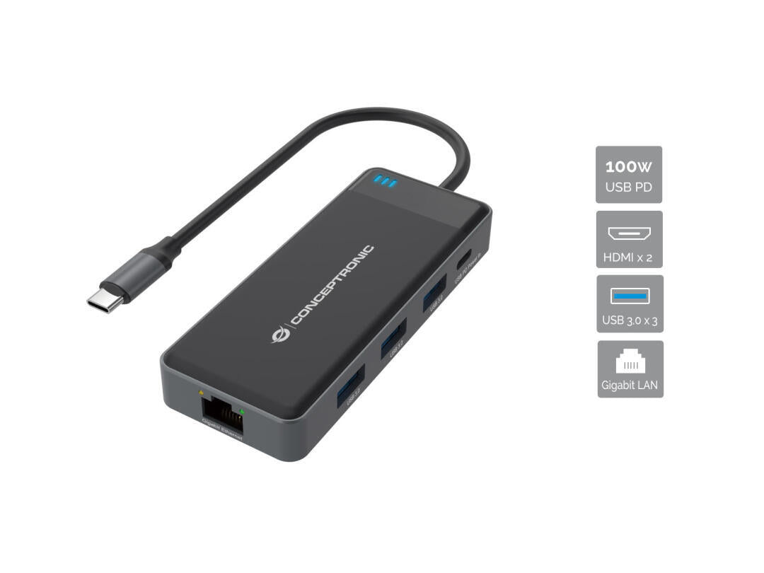 Dock USB-C | Conceptronic | Dual HDMI | 3xUSB3.0 | RJ45 | PD100W