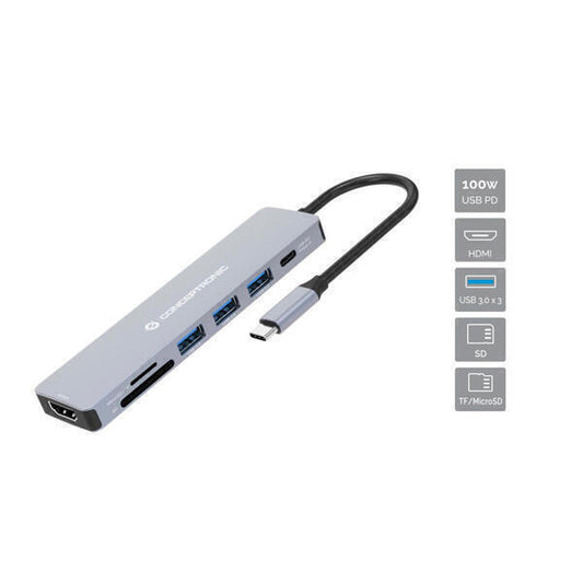 Docking Station | Conceptronic | USB-C HDMI 3xUSB3 Card Reader PD 100W