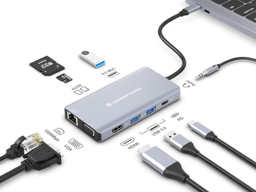 DONN20G 10-in-1 USB 3.2 Gen 1 Docking Station, HDMI, VGA, USB-A 3.0 x 3, SD, TF/MicroSD, Audio, GbE LAN, 100W USB PD