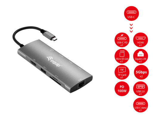 Adaptador USB-C Multifuncional | Equip | 9 em 1 | RJ45 | PD 100W | 4K