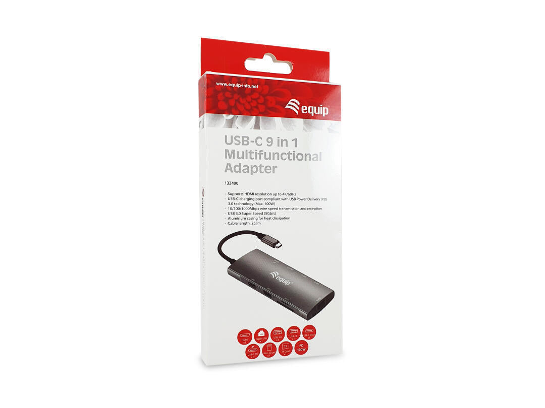 Adaptador USB-C Multifuncional | Equip | 9 em 1 | RJ45 | PD 100W | 4K