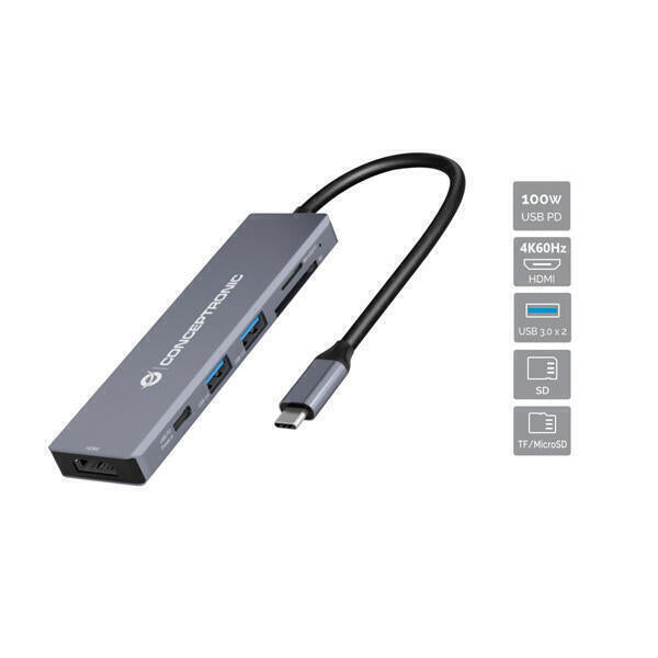 Dock USB-C | Conceptronic | 1xHDMI 4K, 2xUSB3, Card Reader, 100W PD