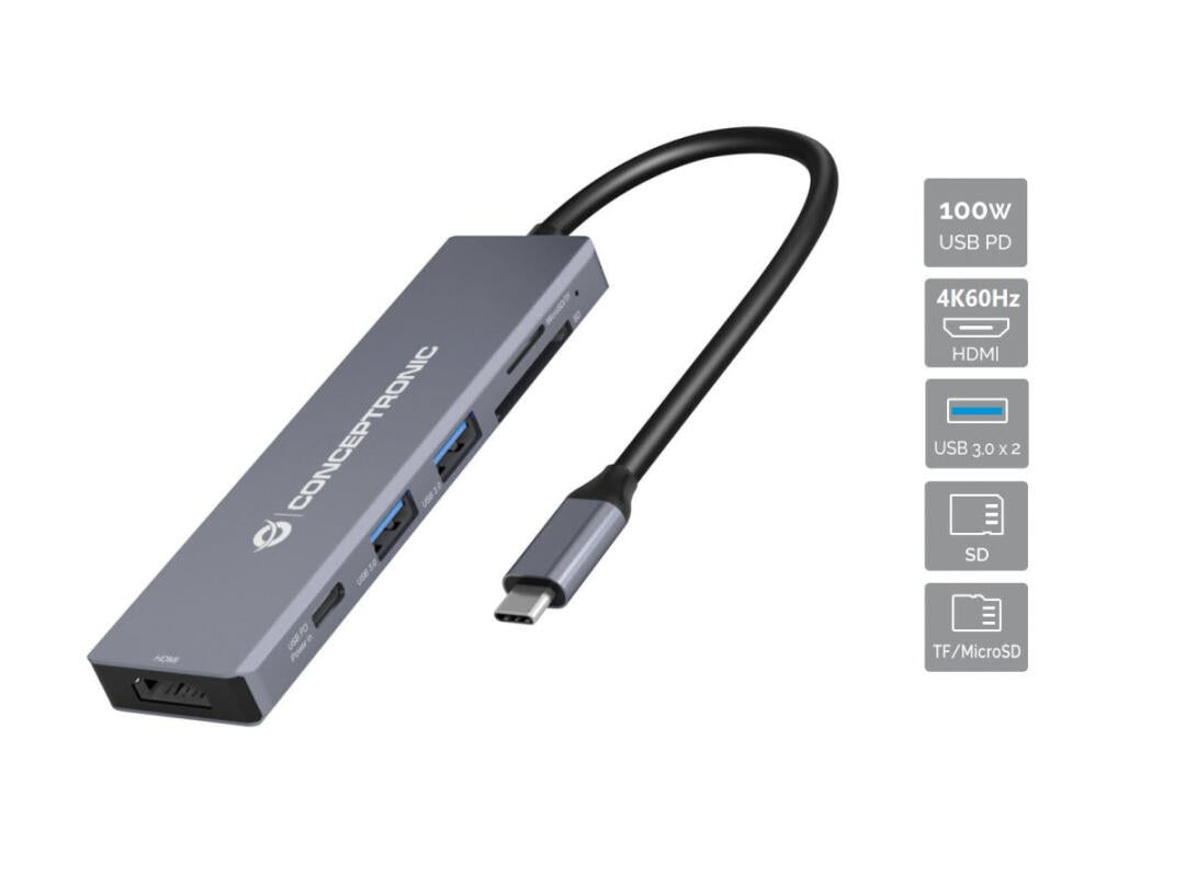 Dock USB-C | Conceptronic | 1xHDMI 4K, 2xUSB3, Card Reader, 100W PD