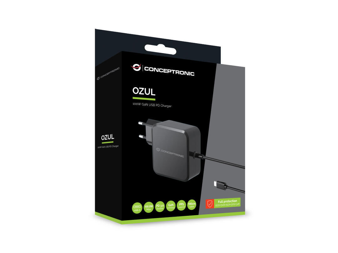 Carregador USB GaN | OZUL | OZUL05BE | 100W | com Cabo USB-C Integrado