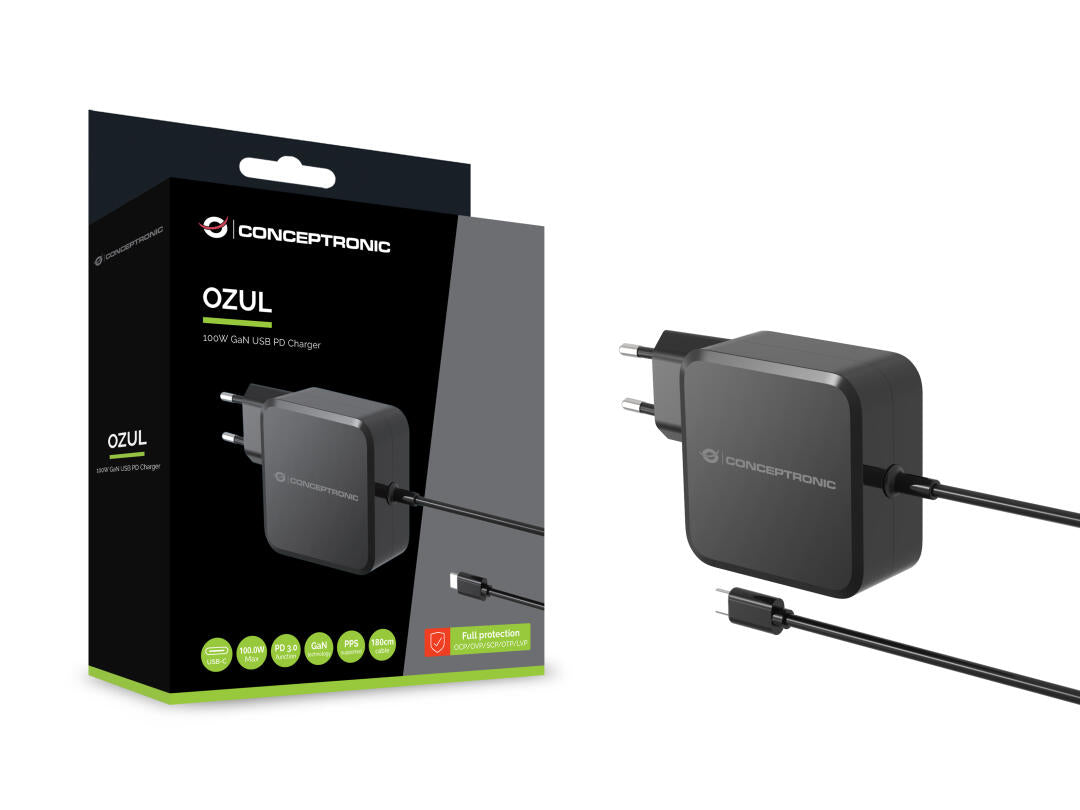 Carregador USB GaN | OZUL | OZUL05BE | 100W | com Cabo USB-C Integrado