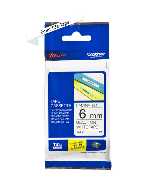 Fita | Brother | TZE-211 | Laminada | Branco/Preto | 6mm