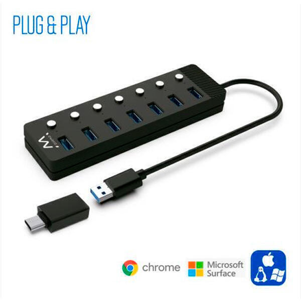 HUB USB 3.0 Gen 1, 7 portas com botÃ£o, adaptador corrente, USB A e USB C