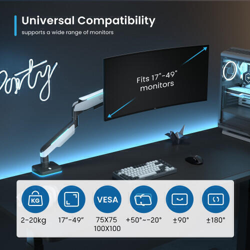 Suporte Monitor 1 Monitor atÃ© 49" (Flat/Curved/Ultrawide) e 20Kg, Full VESA 75x75 / 100x100, Luz RGB