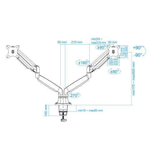 TOOQ - Suporte de mesa giratório e inclinável para ecrã (monitor / plasma / LCD / LED) de 13P a 32P (depende da instalação e do espaço disponível) com 3 eixos de giro - VESA: 75x75 e 100x100mm - Carga