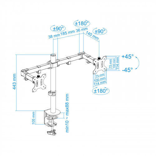 TOOQ - Suporte de mesa para tela (monitor / plasma / LCD / LED) de 13Pa 32P (depende da instalação e do espaço disponível) com 3 pontos de virada - VESA: 75x75mm e 100x100mm - Telas suportadas: 13P-32