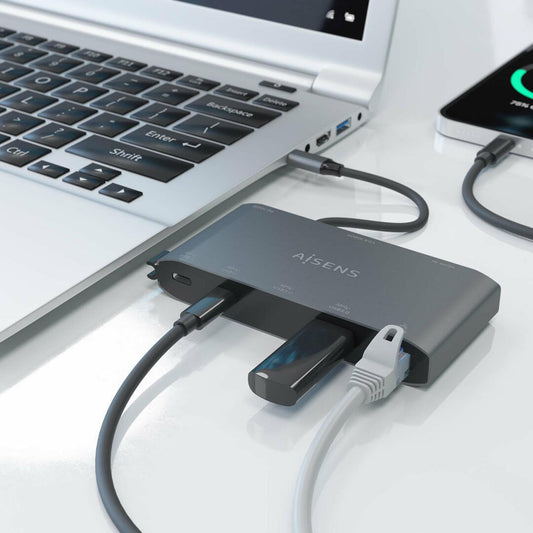 AISENS - USB-C DOCK 8 EN 1, USB-C A 1xHDMI, 1xVGA, 1xRJ45, 2xUSB-A, 2xUSB-C 5G, 1xUSB-C PD, GRIS, 20CM