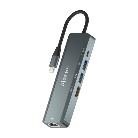 AISENS - USB-C DOCK 5 EN 1, USB-C A 1xHDMI, 1xRJ45, 2xUSB, 1xPD, GRIS, 15CM