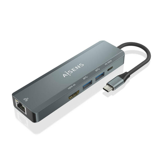 Dock USB-C | AISENS | 5 em 1 | 1xHDMI | 1xRJ45 | 2xUSB | 1xPD | Cinza