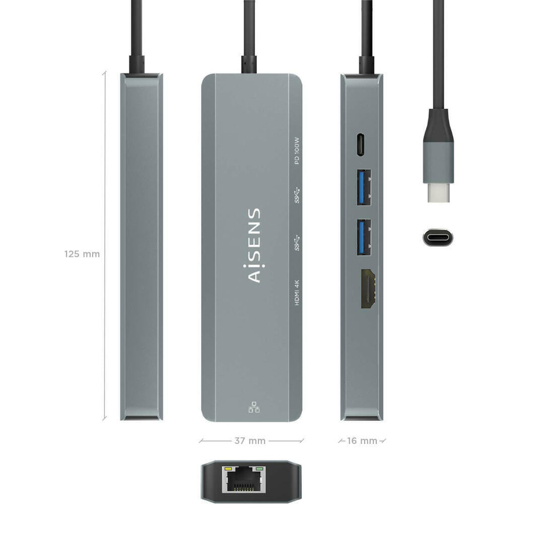 Dock USB-C | AISENS | 5 em 1 | 1xHDMI | 1xRJ45 | 2xUSB | 1xPD | Cinza