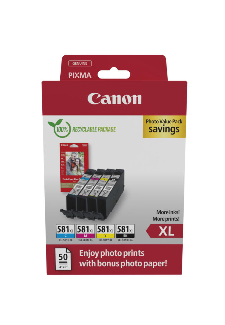 Tinteiros e Papel | Canon | CLI-581XL PHOTO VALUE | 4x6" PP-201 50 Fls