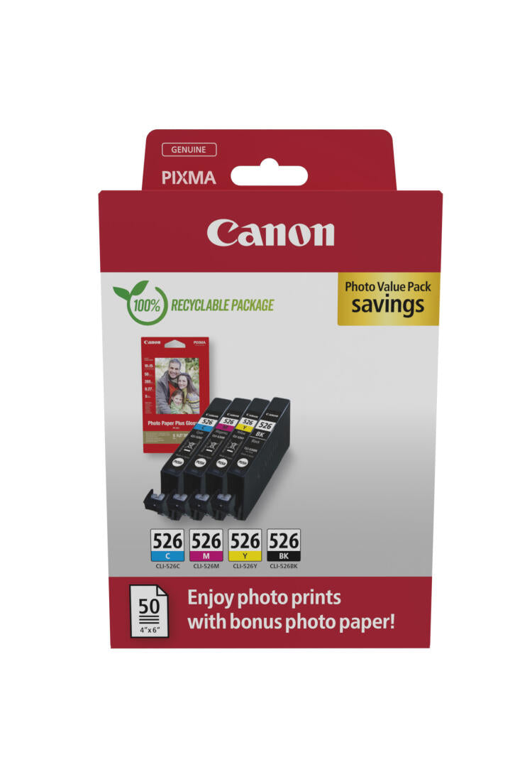 Canon CLI-526 BK/C/M/Y | Value Pack | Papel Foto 4x6 | 50 folhas