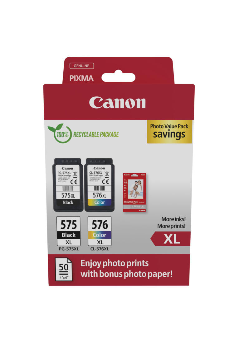 PG-575XL /CL-576XL PVP - 4x6 Photo Paper (GP-501 50sheets) + XL Black & XL Colour Cartridges